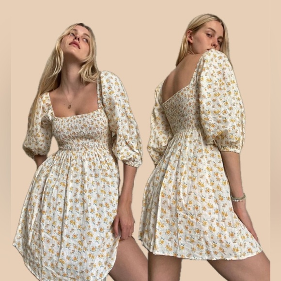 Urban Outfitters Sofia Yellow Floral Linen Mini Dress Puff Sleeve NWOT - Picture 1 of 17